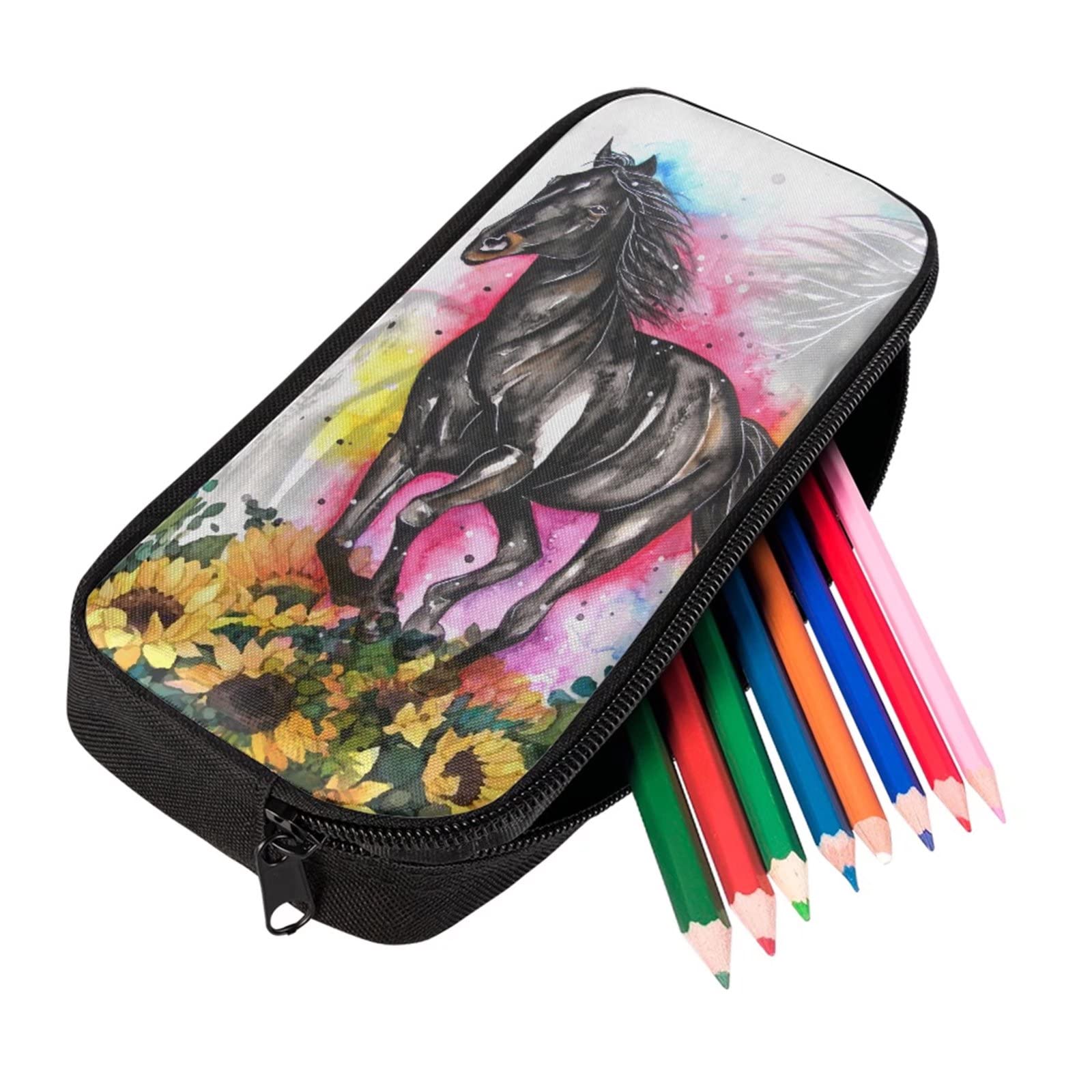 COEQINE Kid School Pencil Case Pen Bag Design Zipper Closure with Sunflowers Horse Pattern for Girls Teen Adult Stationery Pouch - Image 2