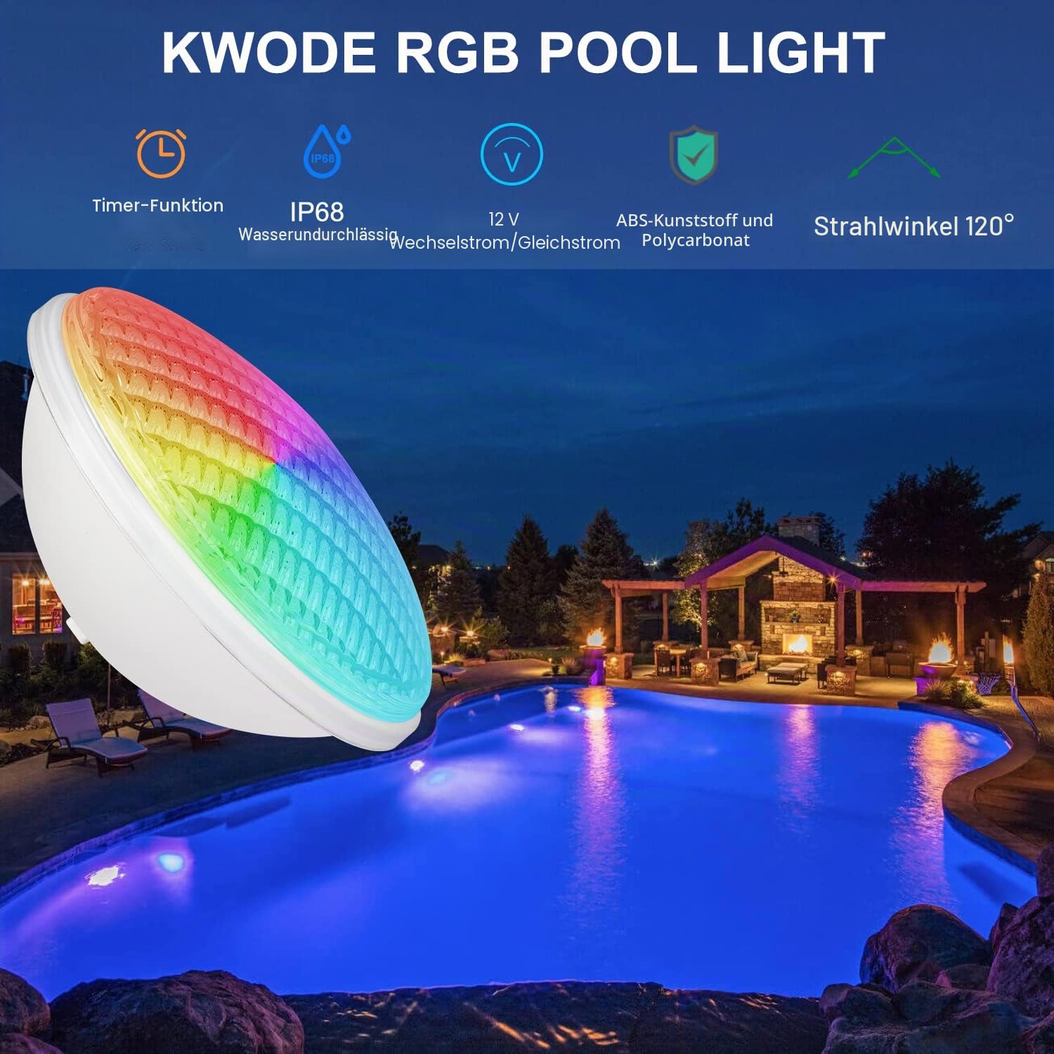 36W RGB Poolbeleuchtung, Par56 Pooscheinwerfer Timing 2/4/6H mit Fernbedienung, LED Pool Lamp IP68 Waterproof, 12V AC/DC | Waterproof LED Pool Lamp mit Fernbedienung,12V AC/DC