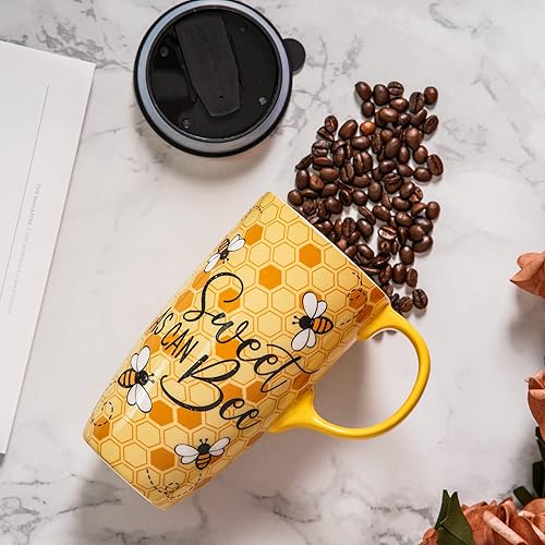 Miniatura 6 de Taza de viaje de café de cerámica de 17 onzas con asa y tapa deslizante resistente a las salpicaduras, taza de arte de porcelana de gran capacidad