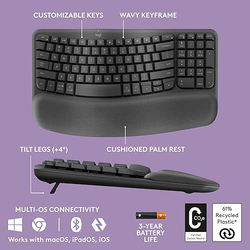 Miniatura 6 de Logitech Wave Keys MK670 Combo, teclado ergonómico inalámbrico con mouse inalámbrico M550 L, escritura natural cómoda, Bluetooth, perno Logi, para