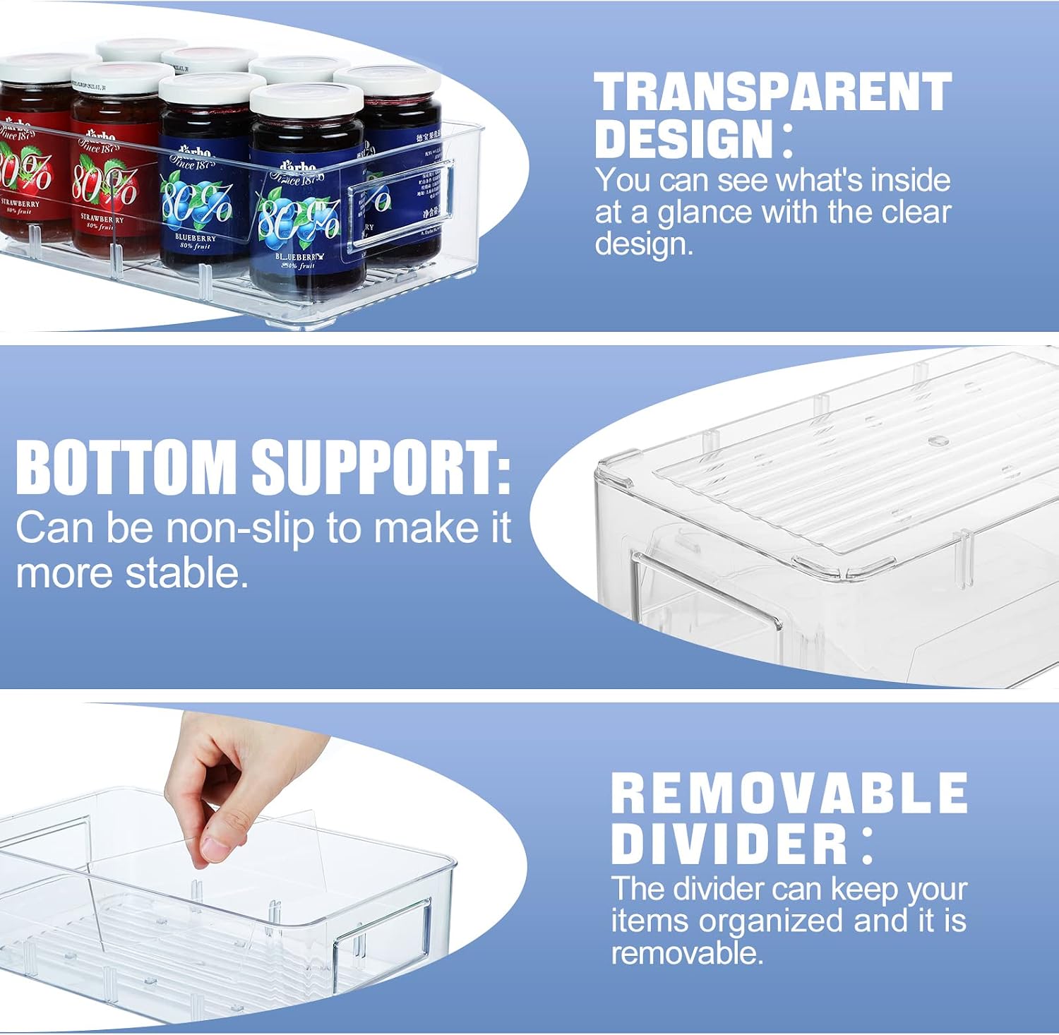 Plastic Storage Bins, ESARORA Stackable Clear Organizer Bins with Handle and Divider for Fridge, Cabinet, Bedroom, Closet, Bathroom, Office, Kitchen & Pantry Organization, 4 Small & 4 Medium & 4 Large