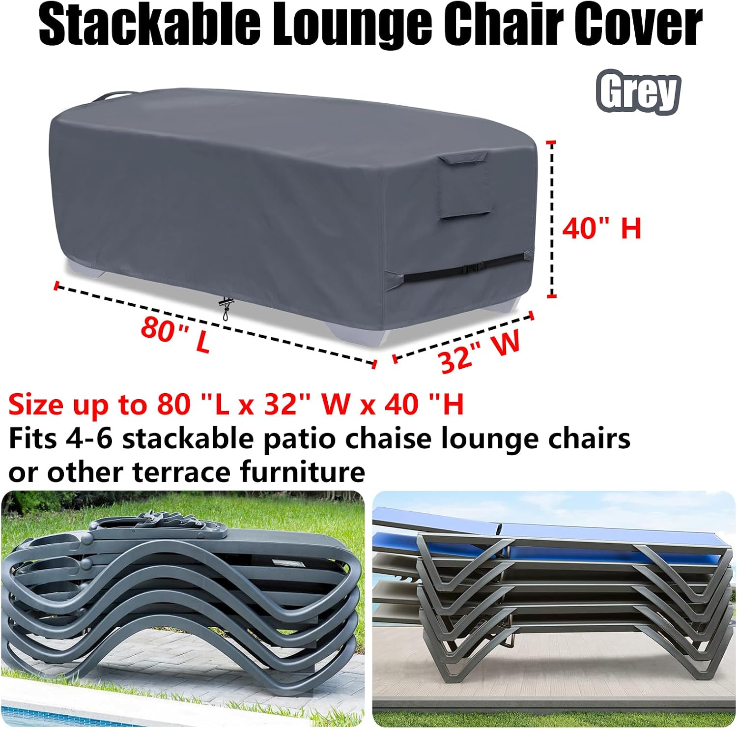 Outdoor Chaise Lounge Cover for 4-6 Stackable Patio Chaise Lounge Chairs, Waterproof, Durable Polyester Fabric 80 x 32 x 40 Inch Pool Lounge Chair Covers for Winter Storage (Grey)