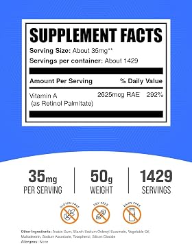 Vitamin A Palmitate Powder - as Retinol Palmitate, Vitamin A Supplement for Immune & Eye Support - Gluten Free, 35mg per Serving, 50g (1.8 oz) (Pack of 1)