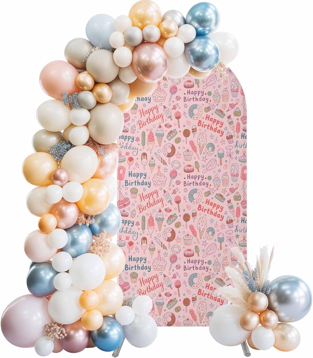 Happy Birthday Wedding Arch Cover,Stretchy Spandex Arch Backdrop Stand Covers 5 FT,Pink Cartoon Funny Ice Cream Donut Cakes Round Top Arched Backdrop Cover for Birthday Party Ceremony Baby Shower