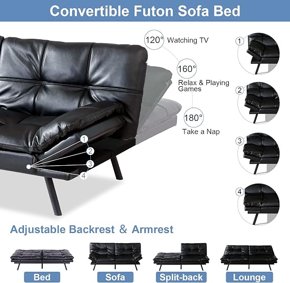 MUUEGM Futon Sofa Bed Memory Foam Couch Sleeper Convertible Faux Leather Modern Folding Love seat Daybed for Living Room,Office,Apartment,Dorm,Adjustable Arm&Back Sofabed, Black-New