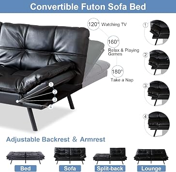 MUUEGM Futon Sofa Bed Memory Foam Couch Sleeper Convertible Faux Leather Modern Folding Love seat Daybed for Living Room,Office,Apartment,Dorm,Adjustable Arm&Back Sofabed, Black-New
