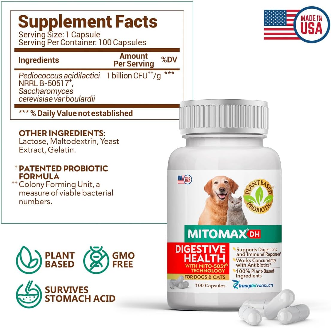 DH for Digestive Health, Plant Based Probiotics for Dogs and Cats, 100 Capsules per Bottle