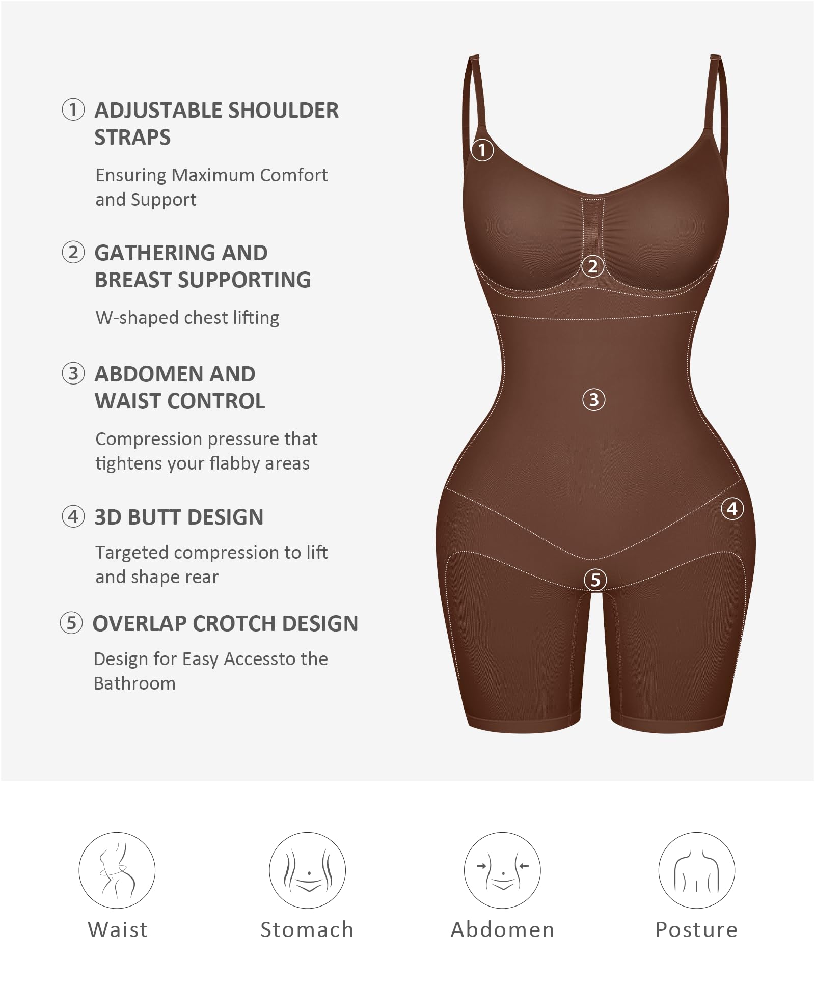 FeelinGirl Body da donna senza cuciture, per il petto, per modellare la pancia, con spallacci regolabili, mutande, push-up, cavallo con fibbia