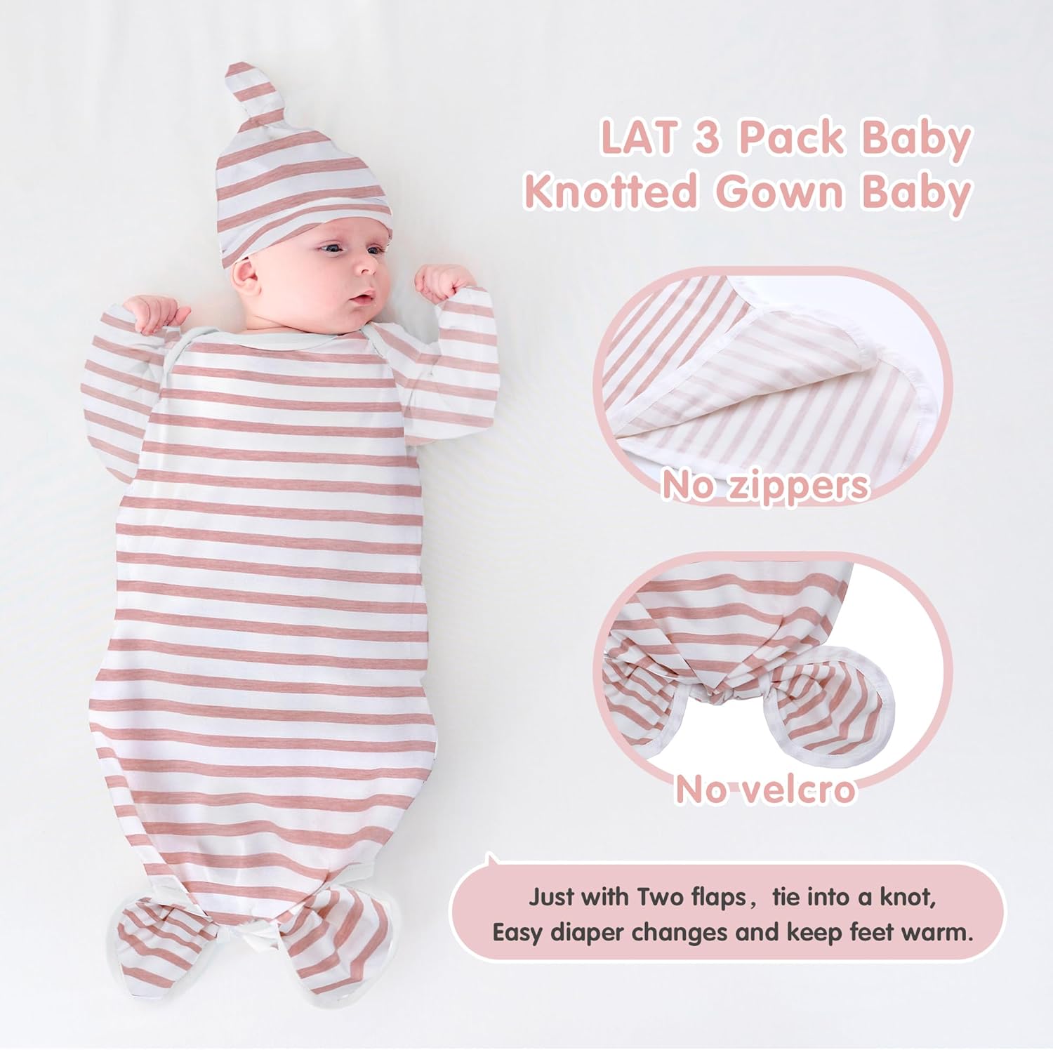 LAT Newborn Knotted Gown for Boy Girls,Baby Tie Gown Nightgown,Baby Sleeper with Matching Hat Set 3 Pack,Sleepwear Outfits - Image 3