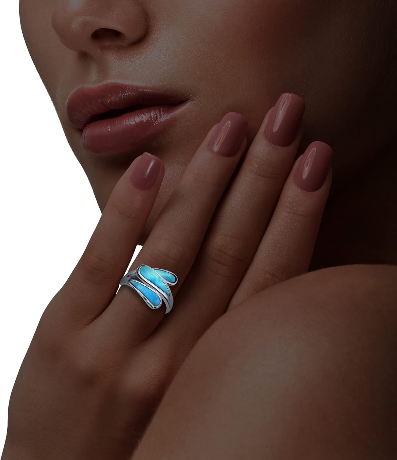 Triple Bypass Design Natural Larimar Gemstone Pear-Shaped Ring Sterling Silver Jewelry for Women