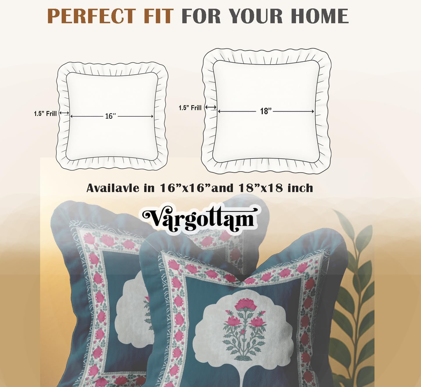 Floral Print, Decorative Cushion Covers 16x16-100% Cotton Twill Set of 2 with Ruffle Edges, Farmhouse Print, Concealed Zipper Closure, No Fillers