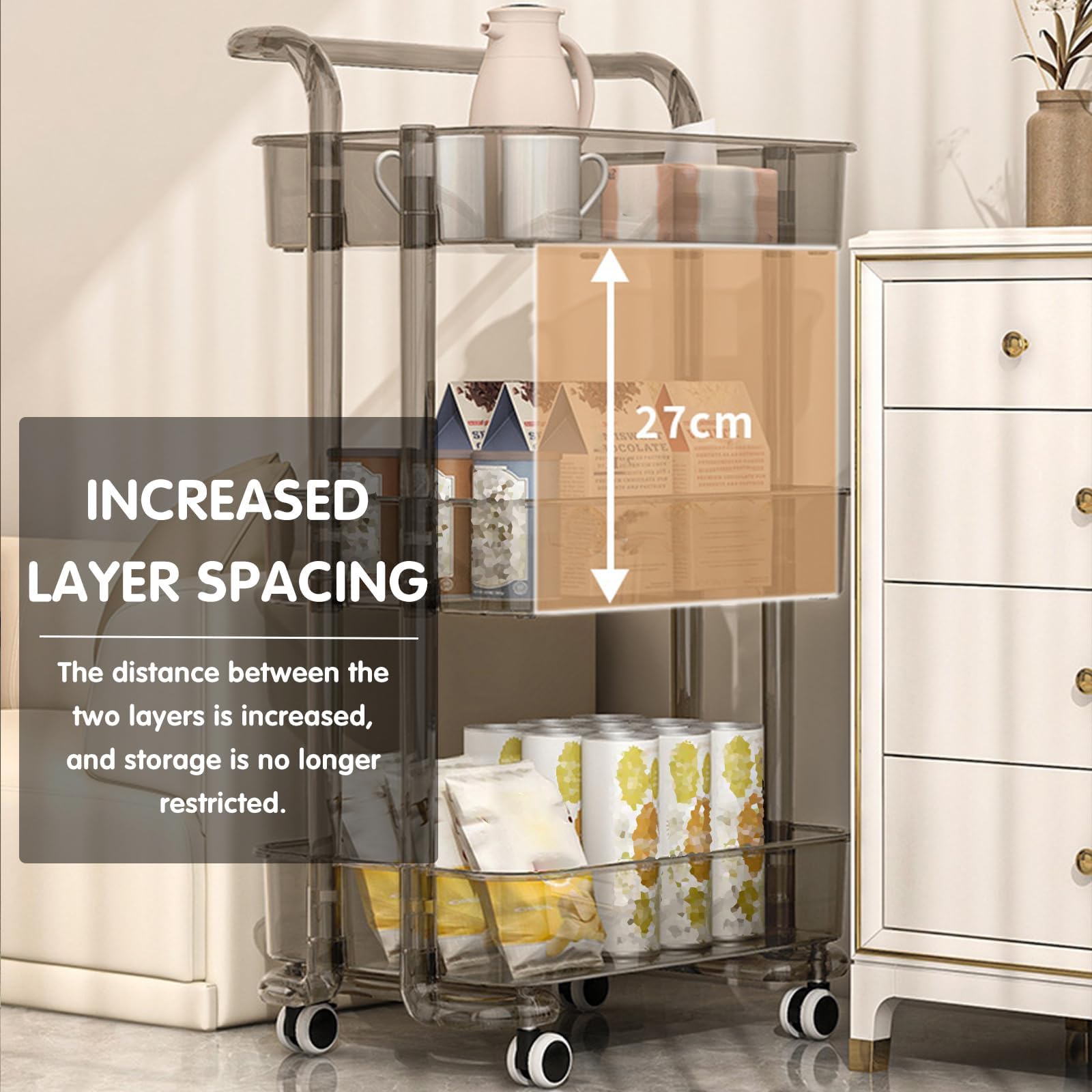 SDdPulse Carrello portaoggetti multifunzione con ruote bloccabili, per cucina, bagno, casa e ufficio, scaffale mobile per una facile organizzazione, 4 ripiani, trasparente, 4 ripiani