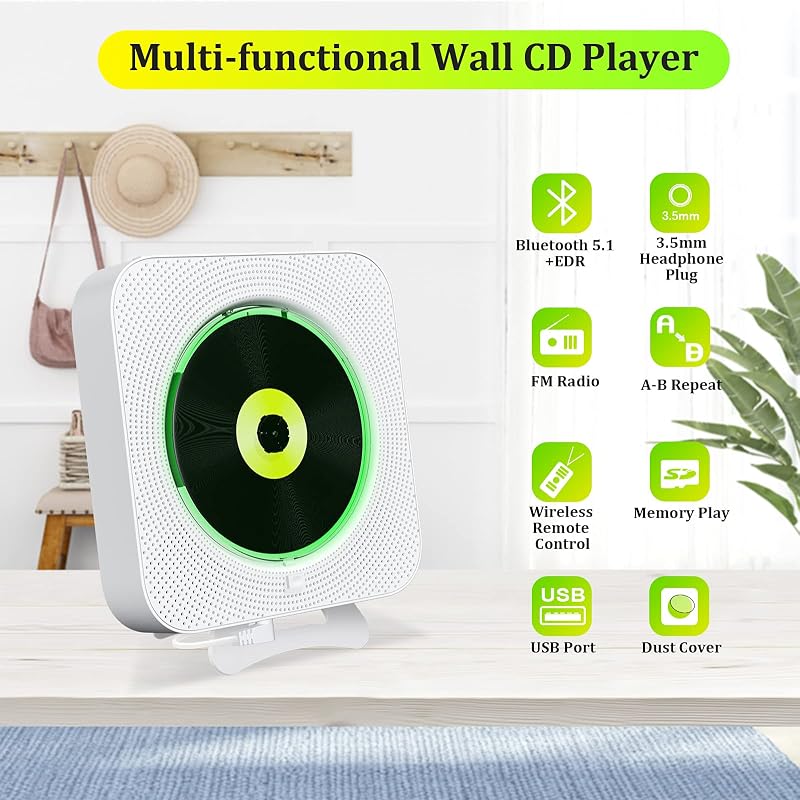 KOVCDVI CD Lejátszó Bluetooth Hangszóróval Fali Szereléshez FM Rádió USB TF Kártya AUX LCD Kijelző Távirányító