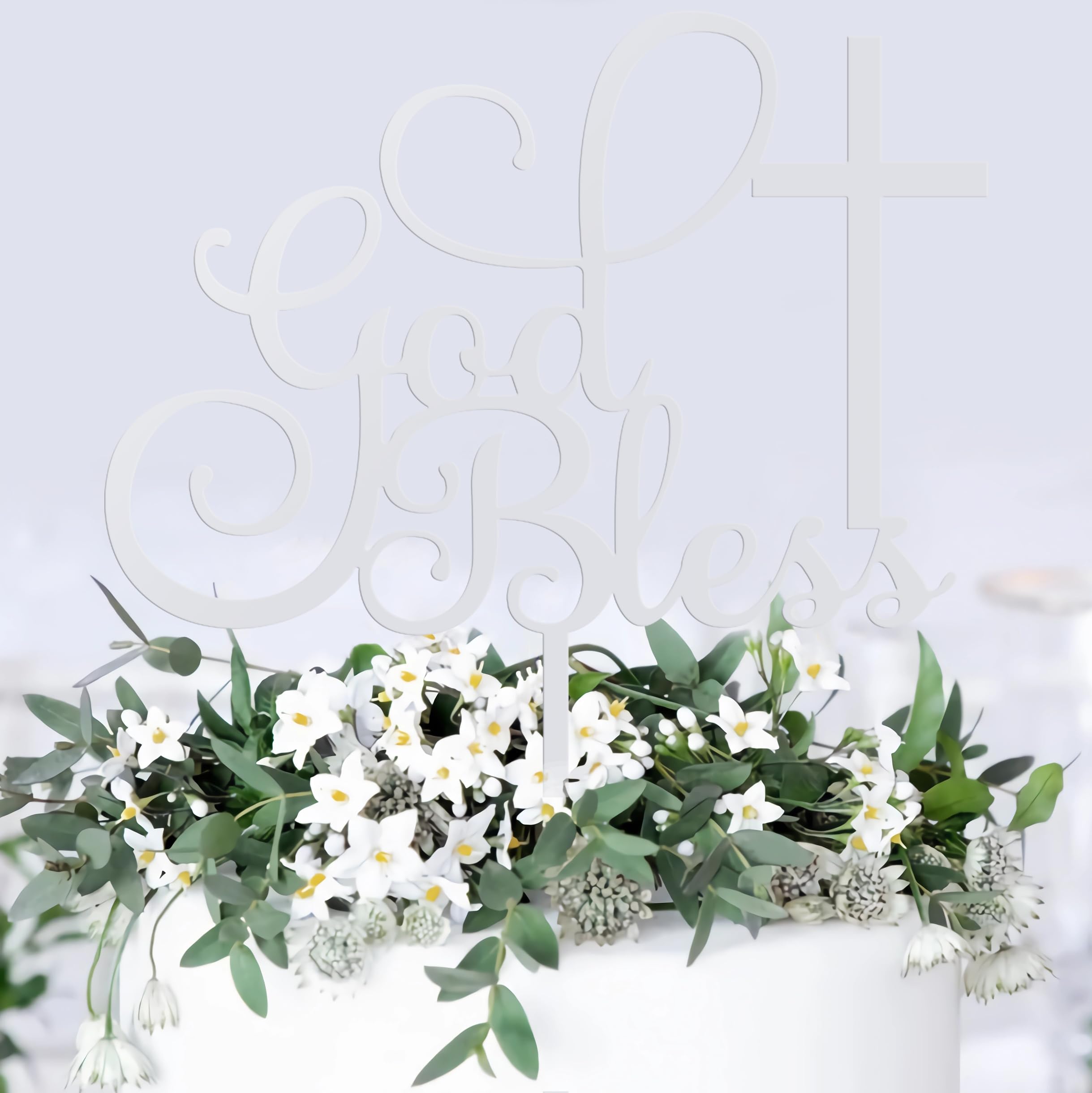 God Bless Cake Topper - Glitter Silver Acrylic Baptism Cake Decorations, Cross Cake Pick (Silver)