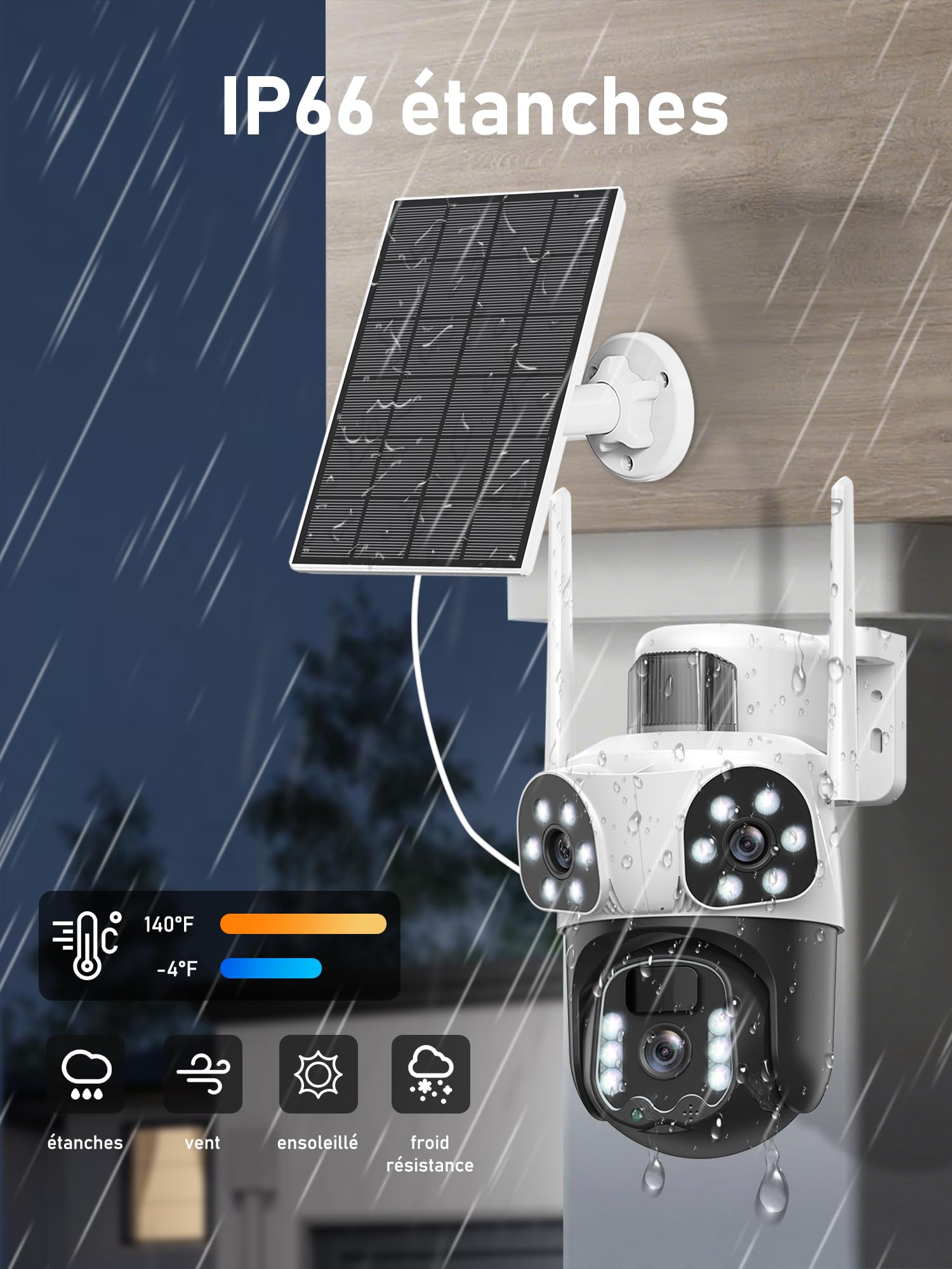 12MP Camera Surveillance WiFi Exterieure sans Fil,AOV 24/7,à triple objectif/Camera Solaire/Batterie,Suivi Automatique,360° PTZ Sécurité,Vision Vocturne,Audio Bidirectionnel,Alarme automatique,étanche