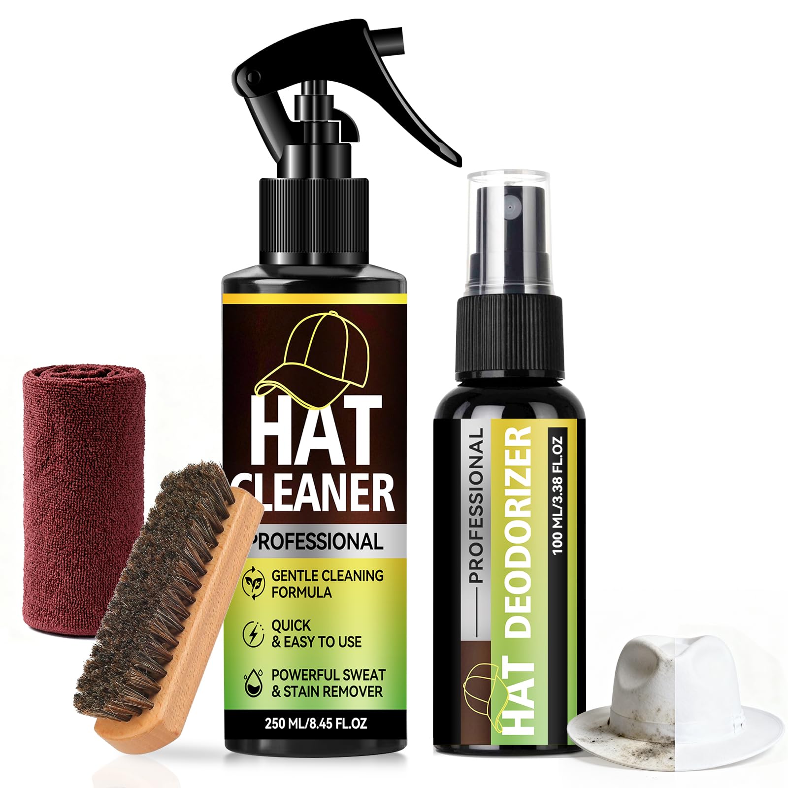 Hat Cleaning Kit, Professional 4-in-1 Hat Cleaner & Deodorizer Spray, Includes Soft Brush & Microfiber Cloth, for Baseball, Trucker, Felt, Wool, Dad Hats, No Water Needed, Remove Stains & Odors - 2
