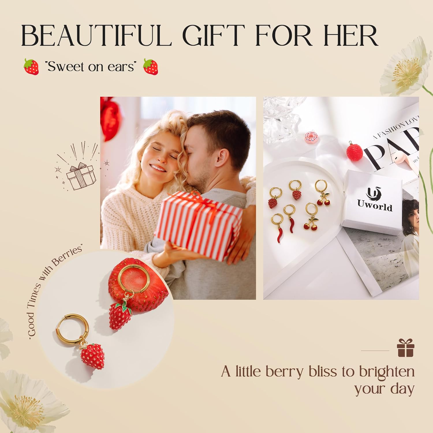 Gold Dangle Earrings for Women Red Cherry/Strawberry/Chili Pepper Fruit Earrings Stainless Steel Hypollergenic Hoop Earring Lightweight Cute Earrings for Woman - Image 6