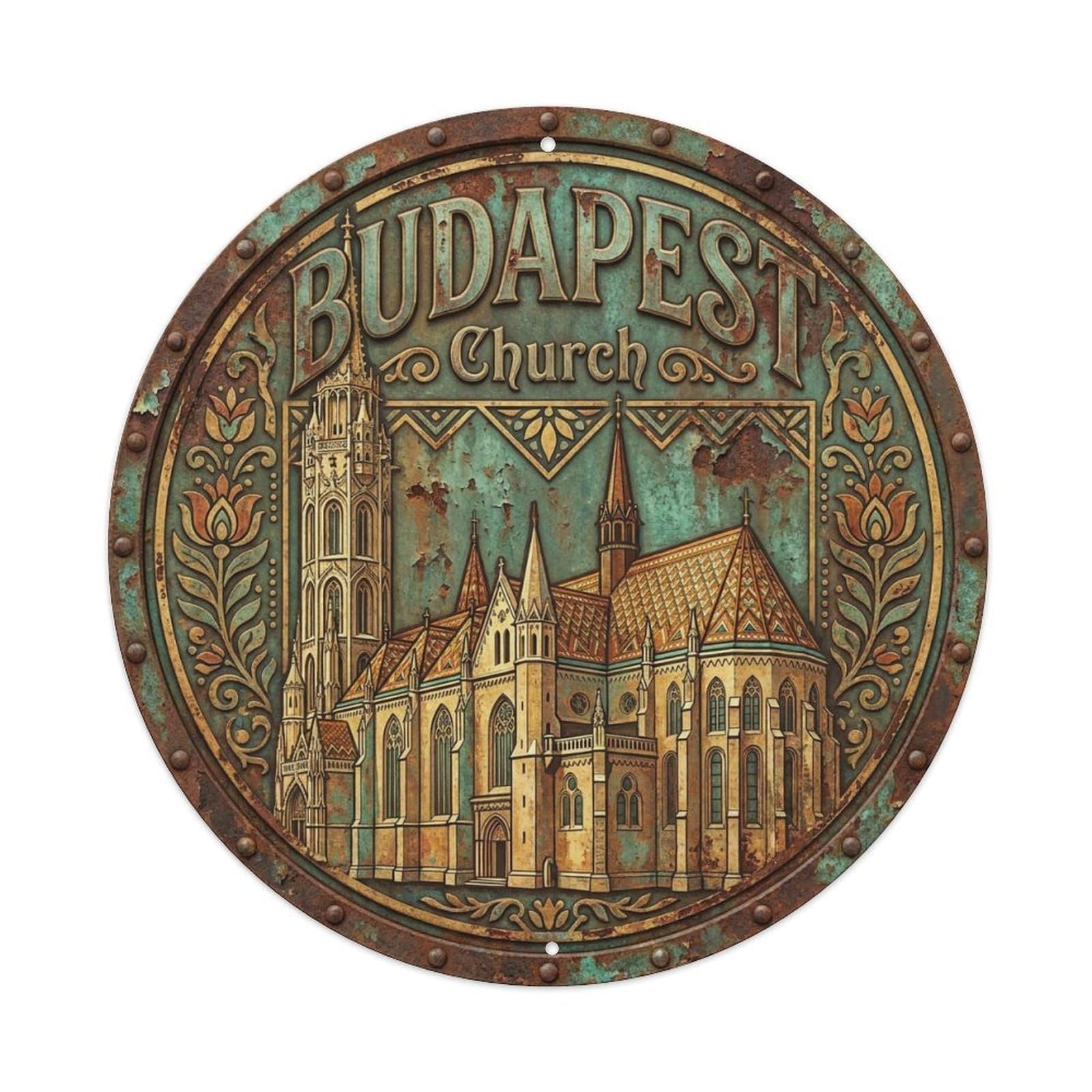 Vintage Travel Budapest Hungary Church Metal Tin Sign