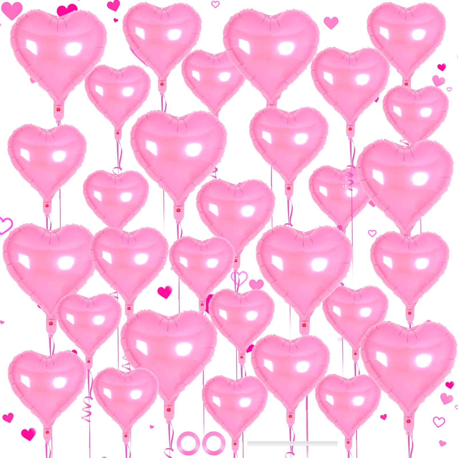 30 Pcs Pink Heart Balloons, 3 Sizes Heart Foil Mylar Balloon, Valentine Day Party Decorations, Love Balloon Valentine Balloons for Birthday Party Wedding Baby Shower Valentine Day Decorations