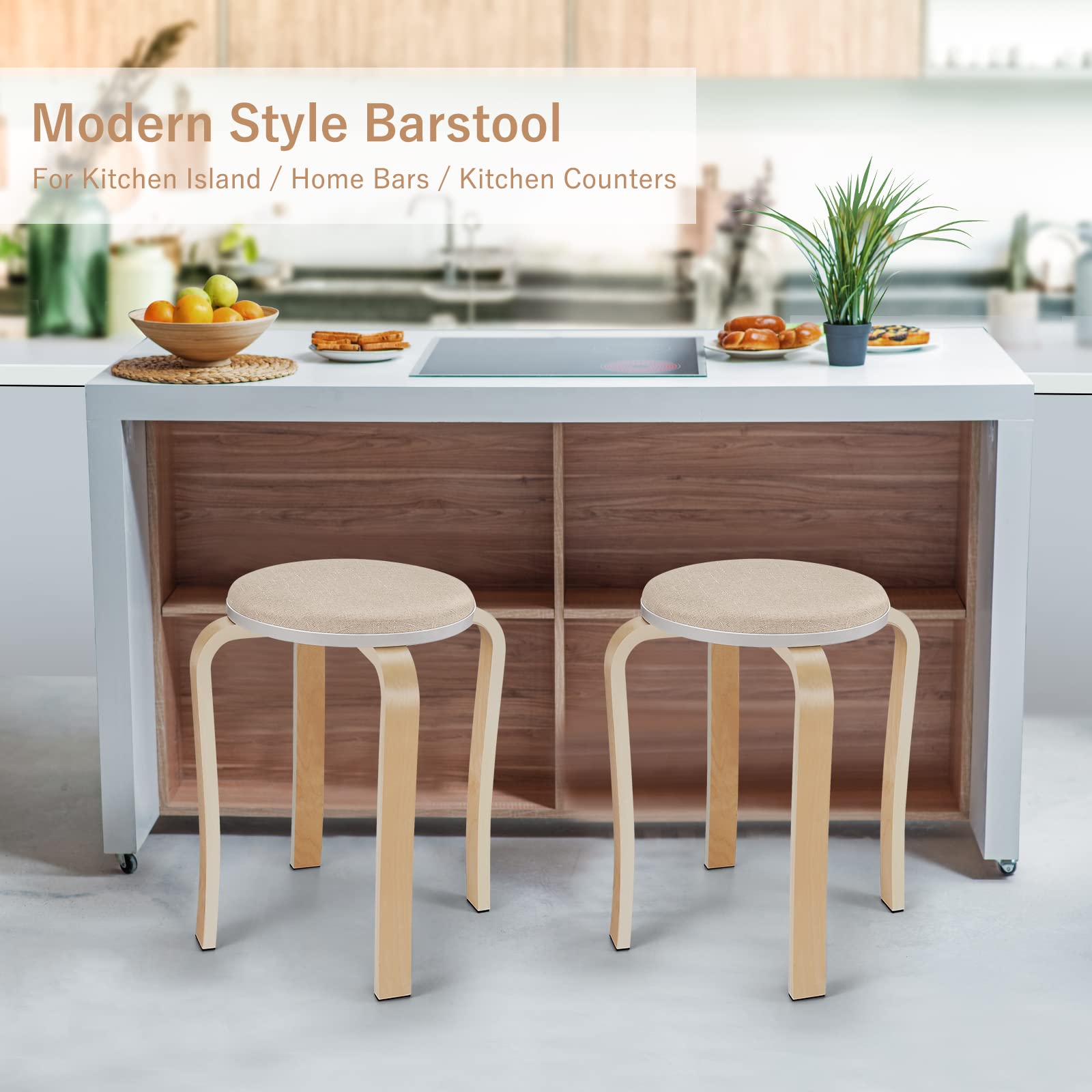 WINZONE Wood Stools, Set of 2 Round Upholstered Backless Stackable Stool Chairs Bentwood Seat for Dinning, Kitchen, Home, Garden, Living and Classroom