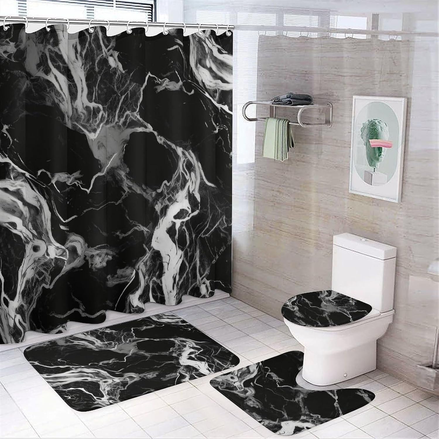 4Pcs Black and White Marble Bathroom Sets Decor with Non-Slip Rugs Fashion Toilet Lid Cover Exquisite U-Shaped Mat Modern Shower Curtain with 12 Hooks Bathroom Decor Accessories