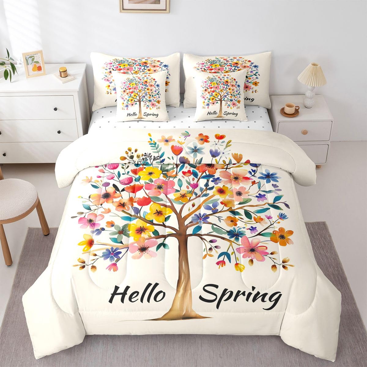 Tree of Life Comforter Set 7 PCS,Hello Spring Theme Bed Set for Girls Kids Adults,Watercolor Flowers Leaves Bed in a Bag Bedding Set with Comforter,Sheet Set,Pillowcases,Pillow Covers,King