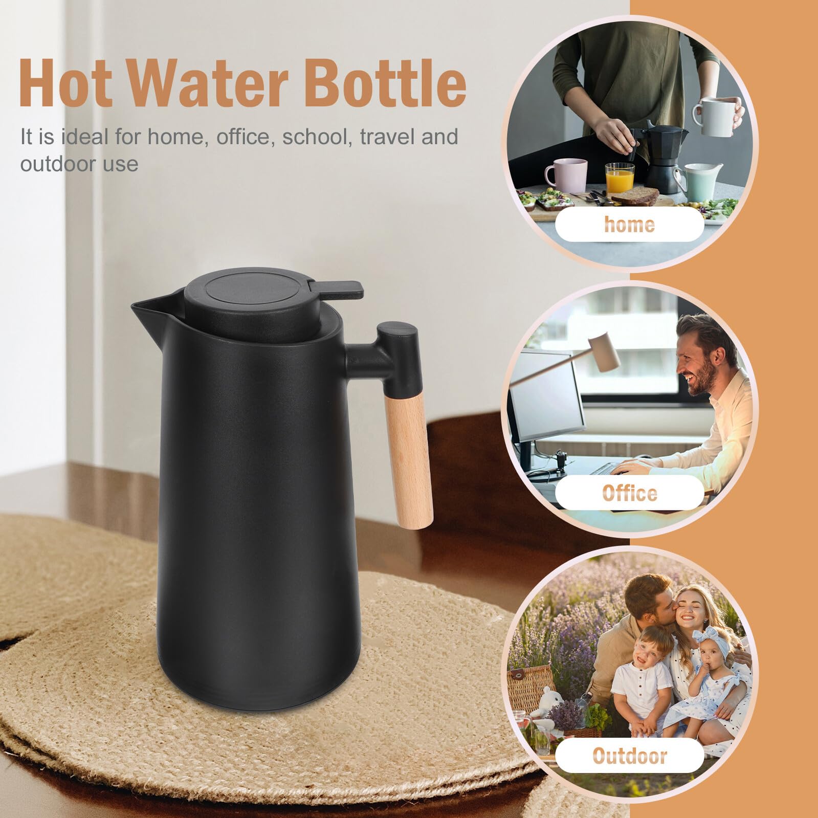 Homoyoyo Isolierte Kaffeekanne mit Holzgriff Vakuum Wasserkocher aus Glas Warmhaltekanne für Zuhause Büro und Outdoor