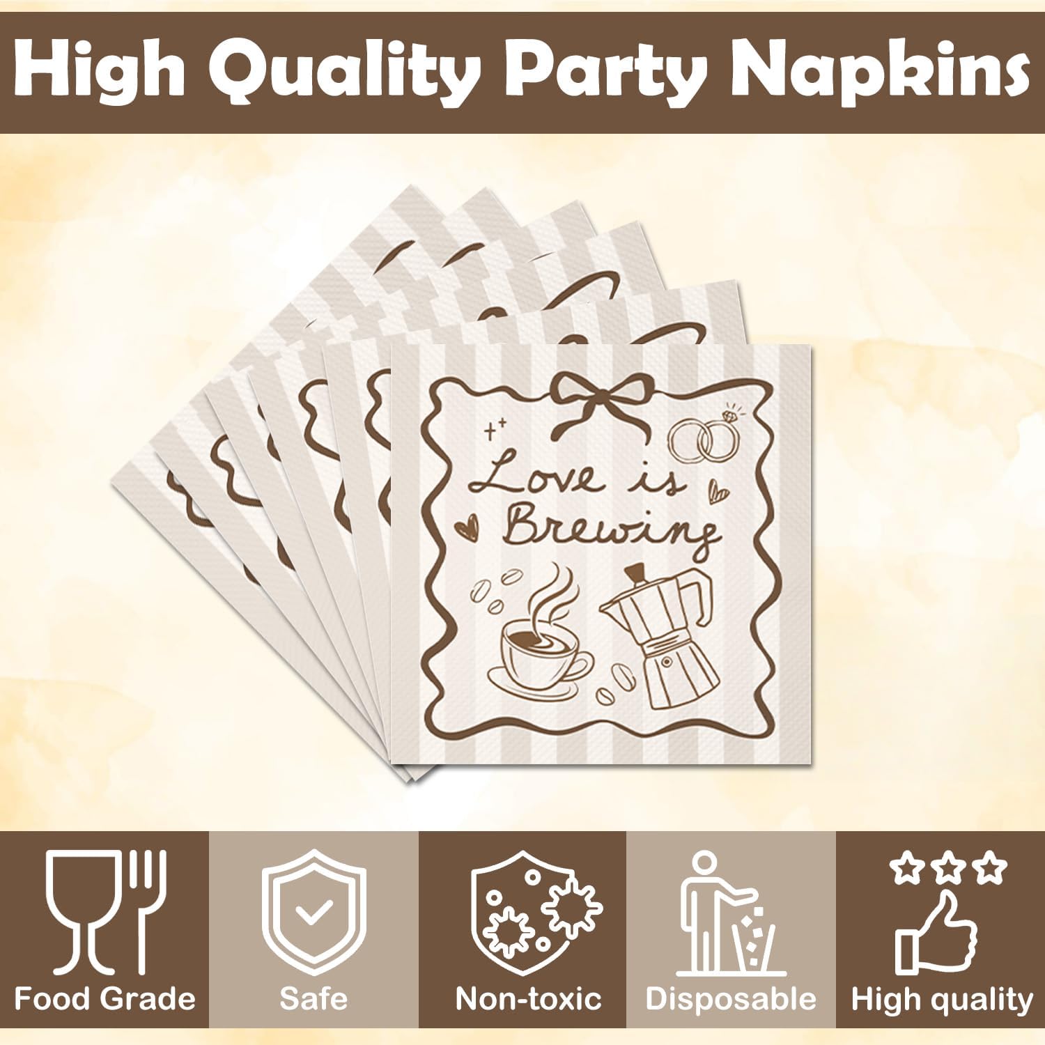 50Pcs Love is Brewing Party Napkins Coffee Bridal Shower Bachelorette Wedding Engagement Anniversary Theme Party Supplies Disposable Drink Luncheon Dinner Table Decor Supplies Napkins 6.5" x 6.5"