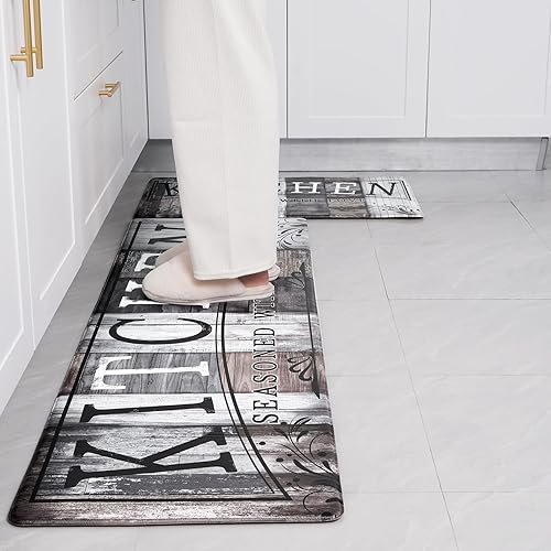 Miniatura 4 de ASPMIZ Juego de 2 alfombrillas de cocina de estilo granja, de PVC, impermeables, alfombras y tapetes de cocina de madera vintage, antideslizantes,