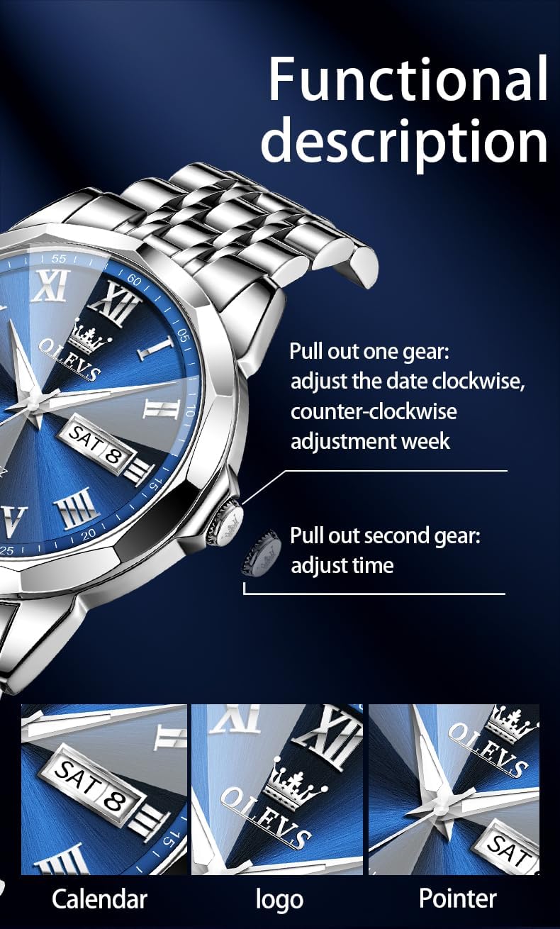 OLEVS Classic Men Watches with Date,Stainless Steel Man Watch with Date, Bussiness Watches for Men,Luminous Quartz Mens Watches Black/White/Blue/Gold, Waterproof Male Watch with Week - Image 7