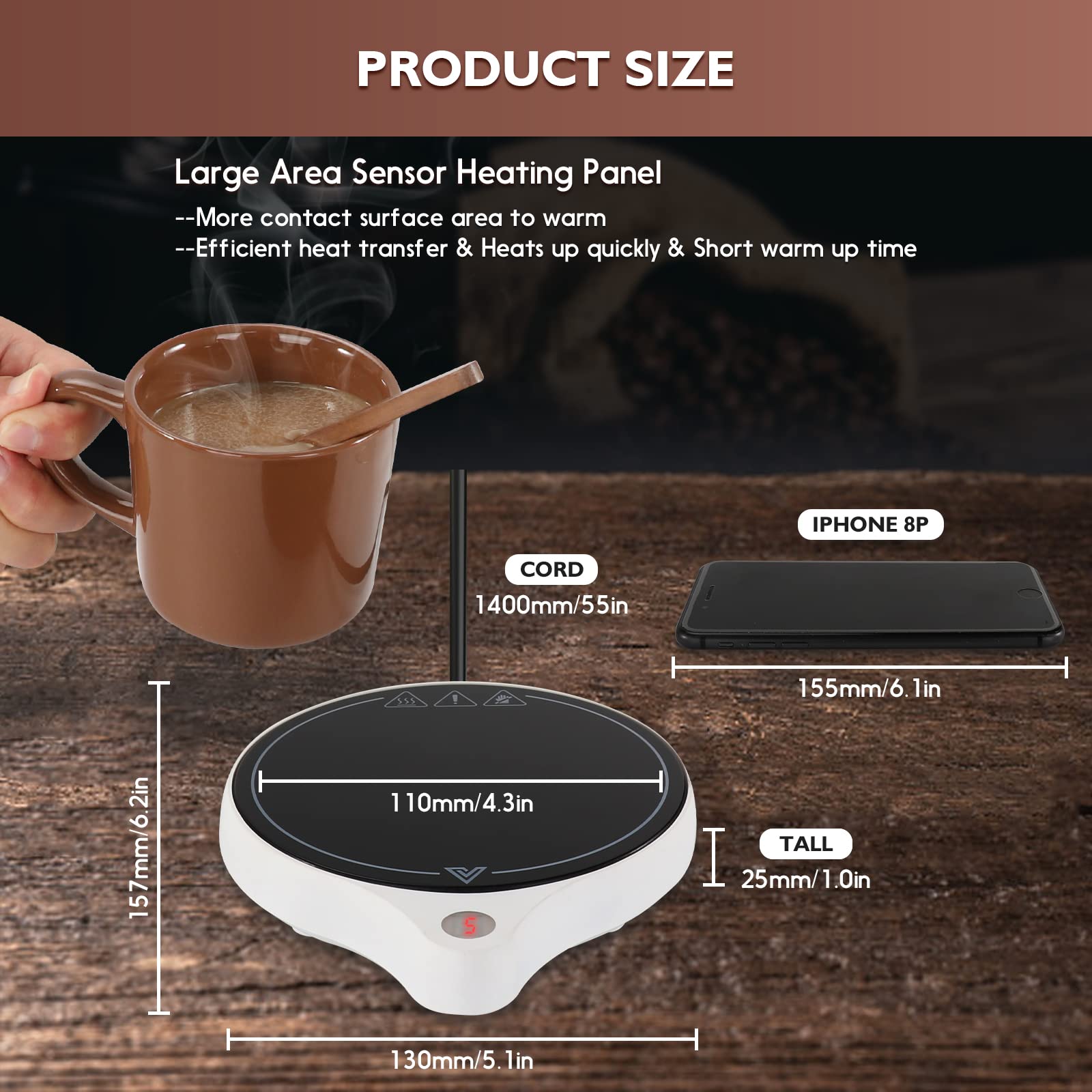 Calentador de taza de café para escritorio (hasta 222 °F), 5 niveles de temperatura y 8 horas de apagado automático calentador de taza para calentar y calentar café, etc. (sin taza) (RD01, blanco)