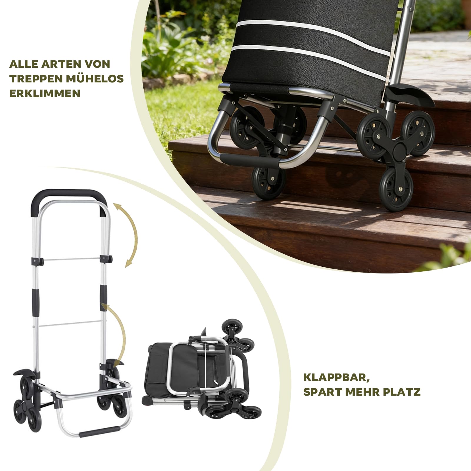 Treppensteiger Einkaufstrolley, 56L Faltbar, Wasserdicht, mit Kühlfach, Universalräder, 40kg Belastbarkeit, Schwarz