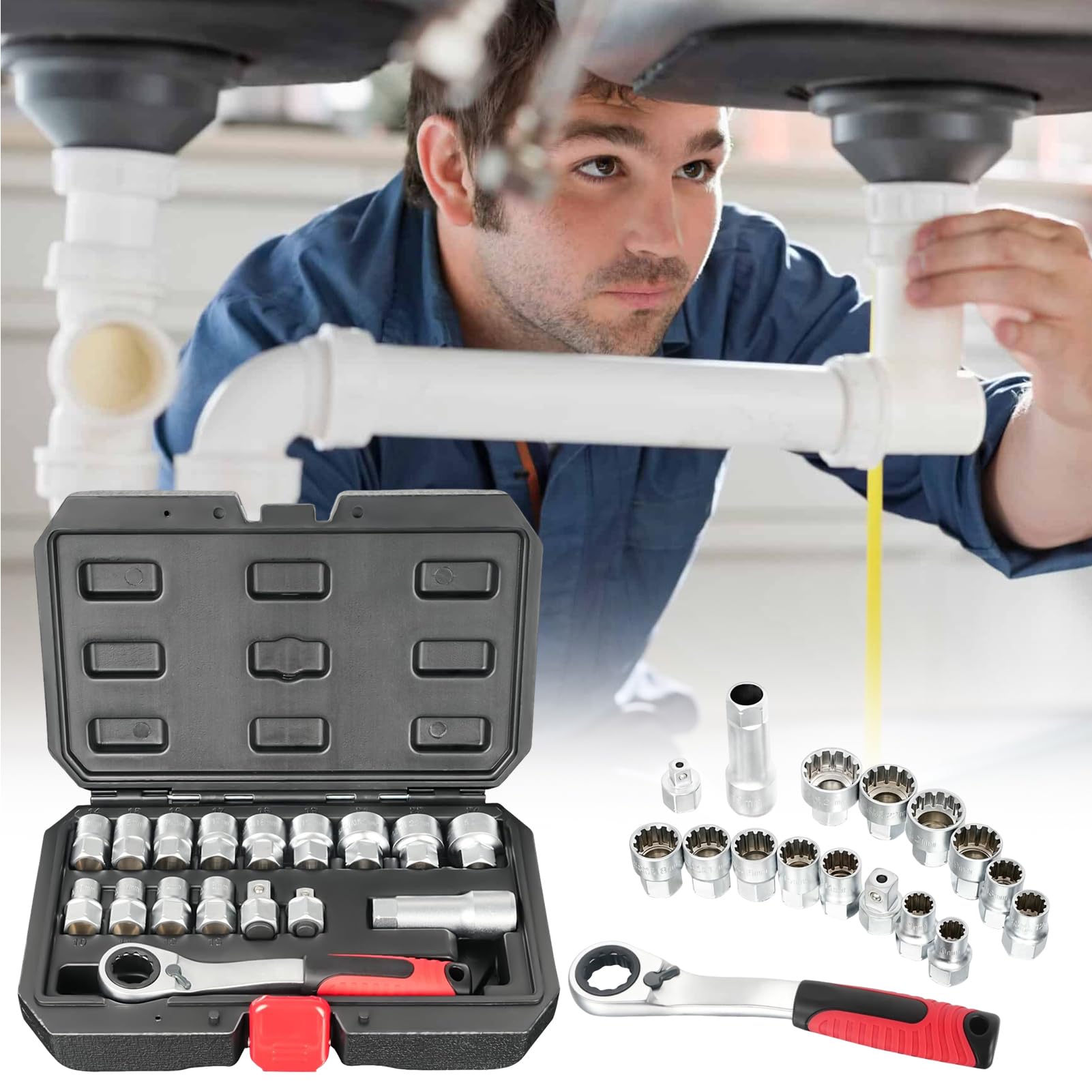 Set Bussole A Cricchetto Kit Attrezzi Manuali Compatto Portatile | Kit Attrezzi Meccanici per Manutenzione Veicoli, Riparazione Elettrodomestici, Lavori Idraulici, Installazione Tubazioni e