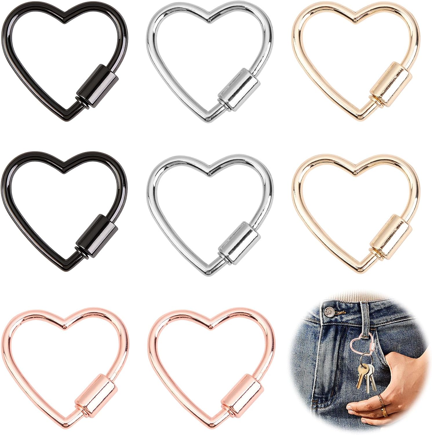 8 Pcs Multi-Color Heart Shaped Carabiner Lock Keychain Clips, Lightweight Anodized Aluminum Heart Carabiner with Secure Screw Lock for Keys, DIY Jewelry, Camping, Hiking