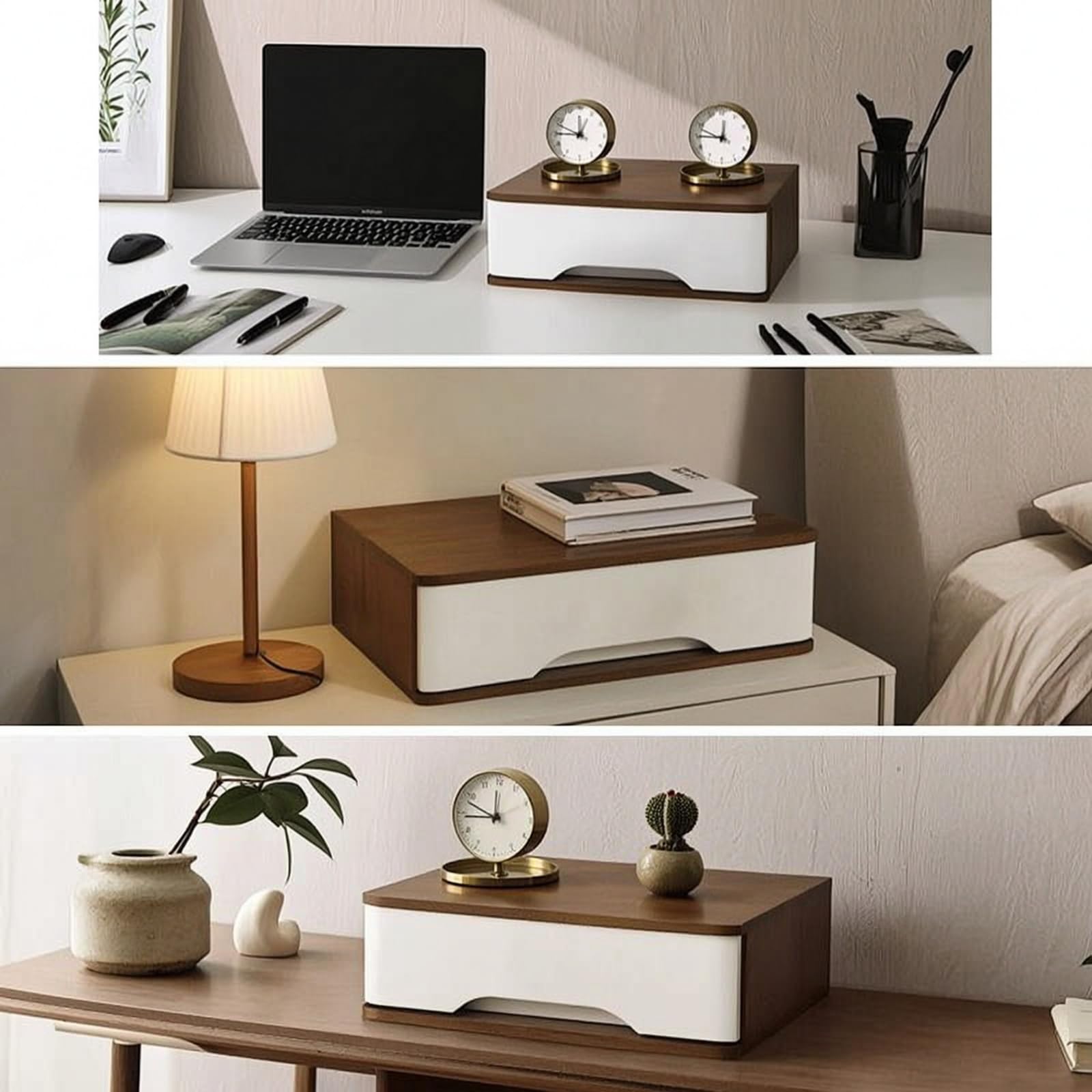 da Scrivania Cassettiera Organizer Contenitore Cassetti in Paulonia con Cassetti Sovrapposti Estraibili Adatto per Camera da Letto Scrivania Studio Spazio Piccolo, Noce + Bianco, 40 28 22CM