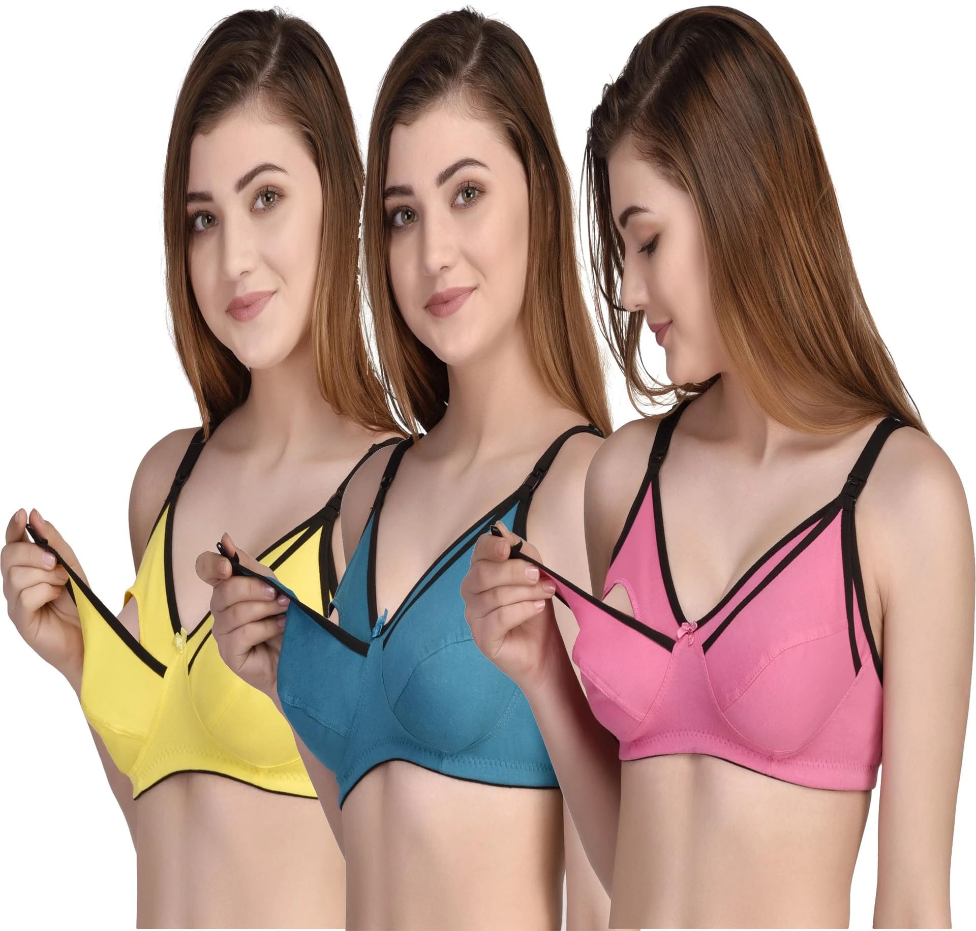 Women's Maternity & Nursing Bra, Non-Padded Wire-Free, Cotton Blend, Front Drop-Down Clips, Pack of 3, Pink, Blue & Yellow-image-45