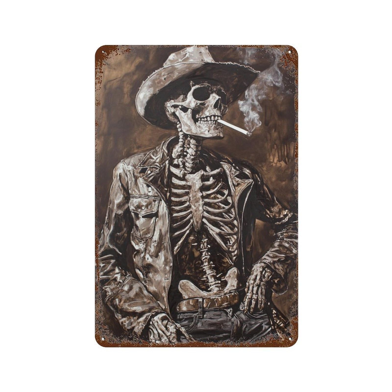 Western Skeleton Smoking -2 Retro Metal Sign 11.8"x7.9", Classic Wall Plaque for Basement, Hobby Room And Garage Decor