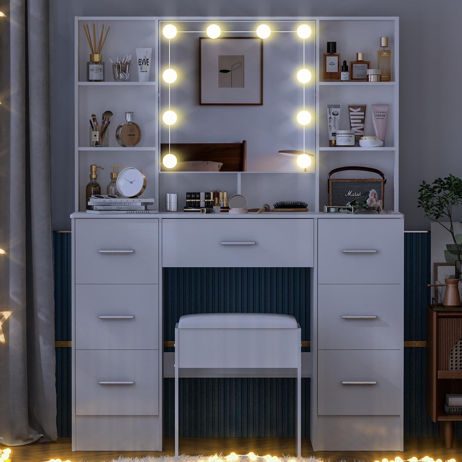 Toaletka z lustrem, toaletka z oświetleniem LED, biurko Vanity do makijażu, 3 kolory z regulacją jasności – 52