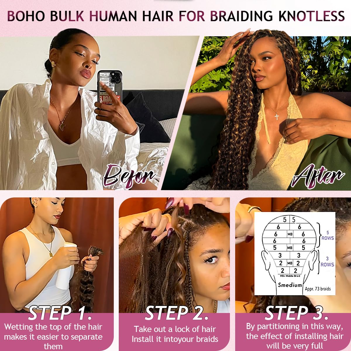 Human Braiding Hair for Boho Braids 20 Inch 120g Highlight Balayage Deep Wave Boho Bulk Human Hair for Braiding Knotless 12A Curly Wet and Wavy Bohemian Braids No Weft 3 Bundles 4/27 Color