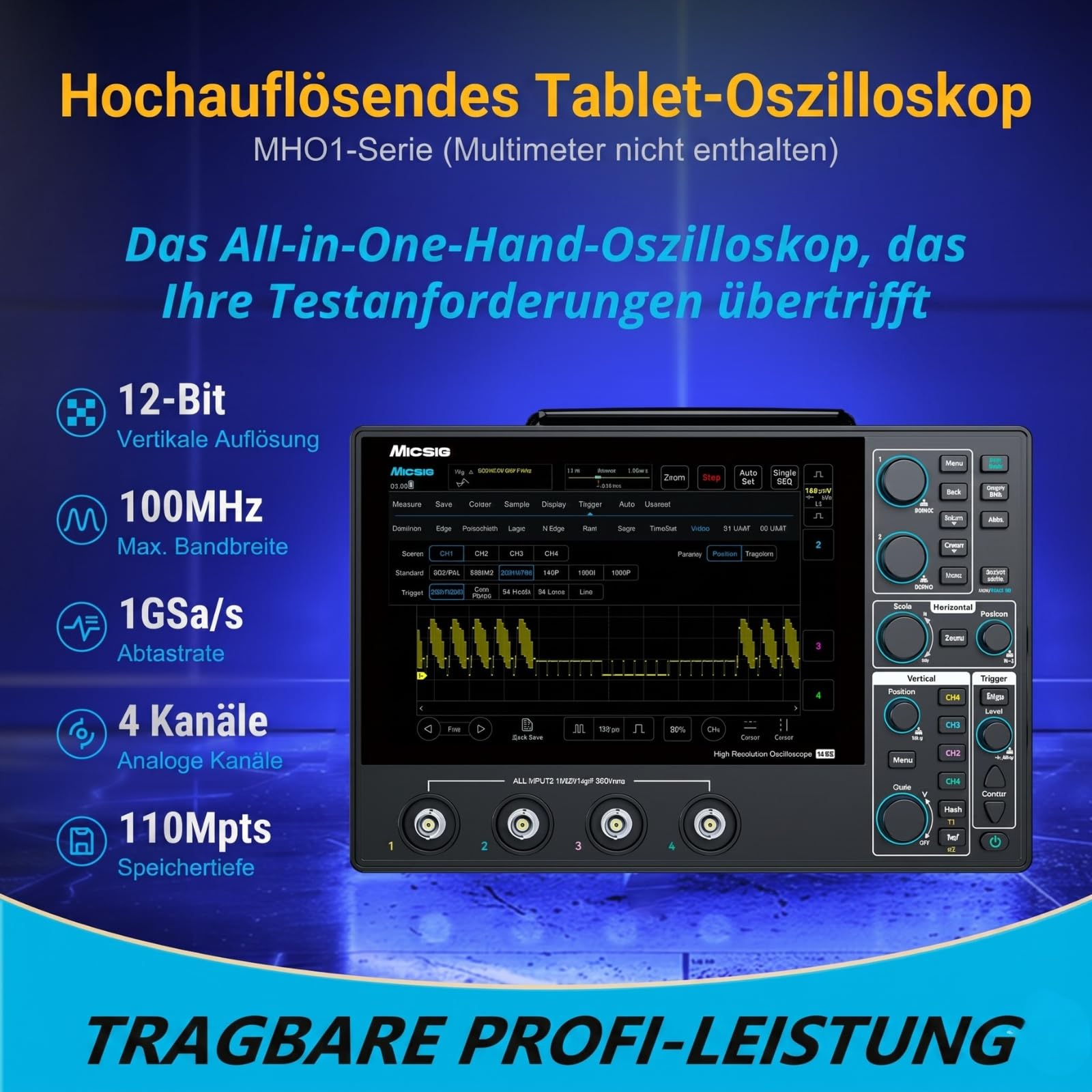 SainSmart Micsig 12-Bit Tablet-Oszilloskop MHO1, 100 MHz Bandbreite | Tragbares Handheld-Oszilloskop mit 4 Analogkanälen, 1 GSa/s Abtastrate, 8-Zoll-HD-Touchscreen und 16000-mAh-Akku