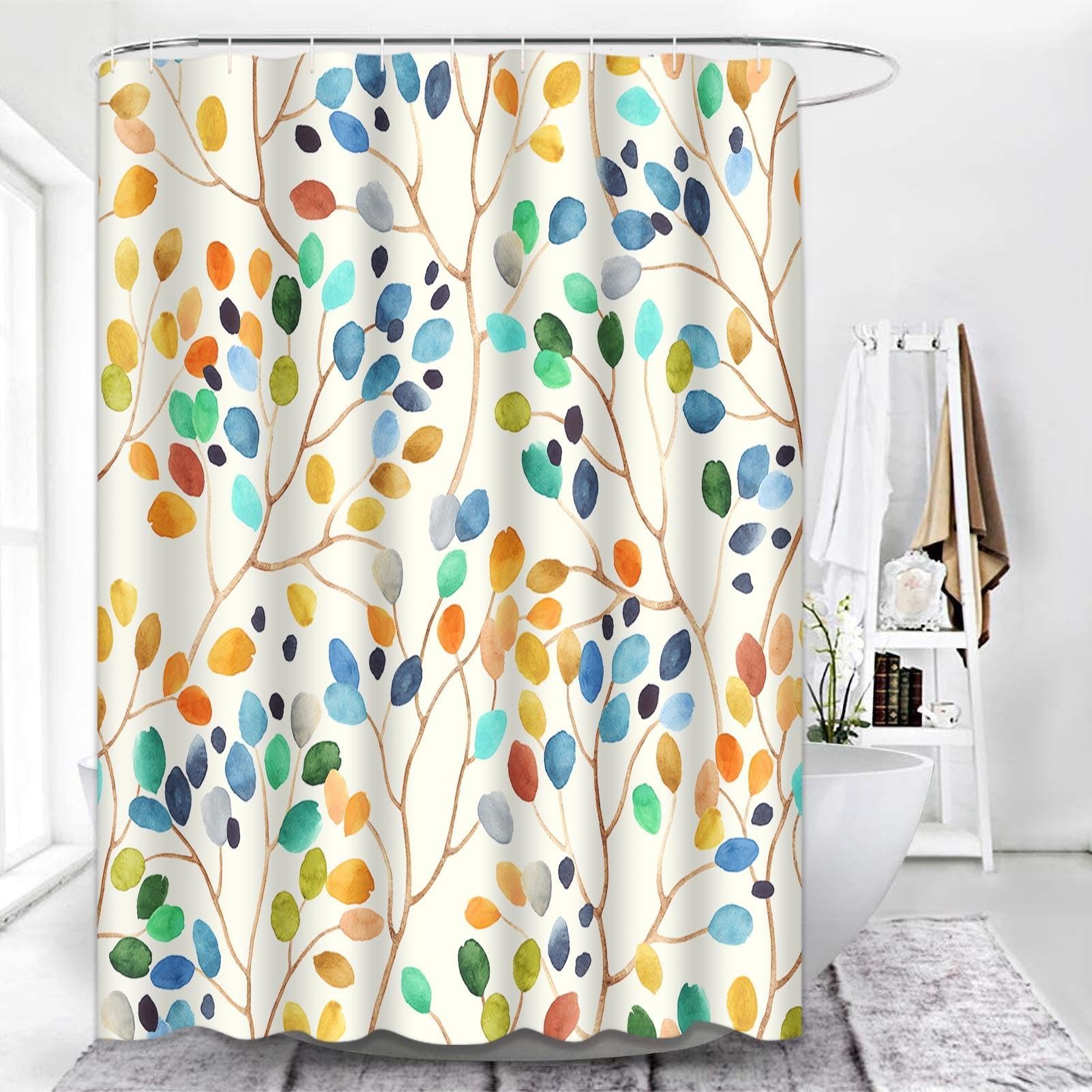 Uiyiui Multicolor-1 Colorful Leaves Stall Shower Curtain 79X79in-200X200cm Watercolor Floral Botanical Bohemian Bathroom Curtain, Modern Minimalist Washable Waterproof Fabric Cloth Bathtubs Curtains For Hotel