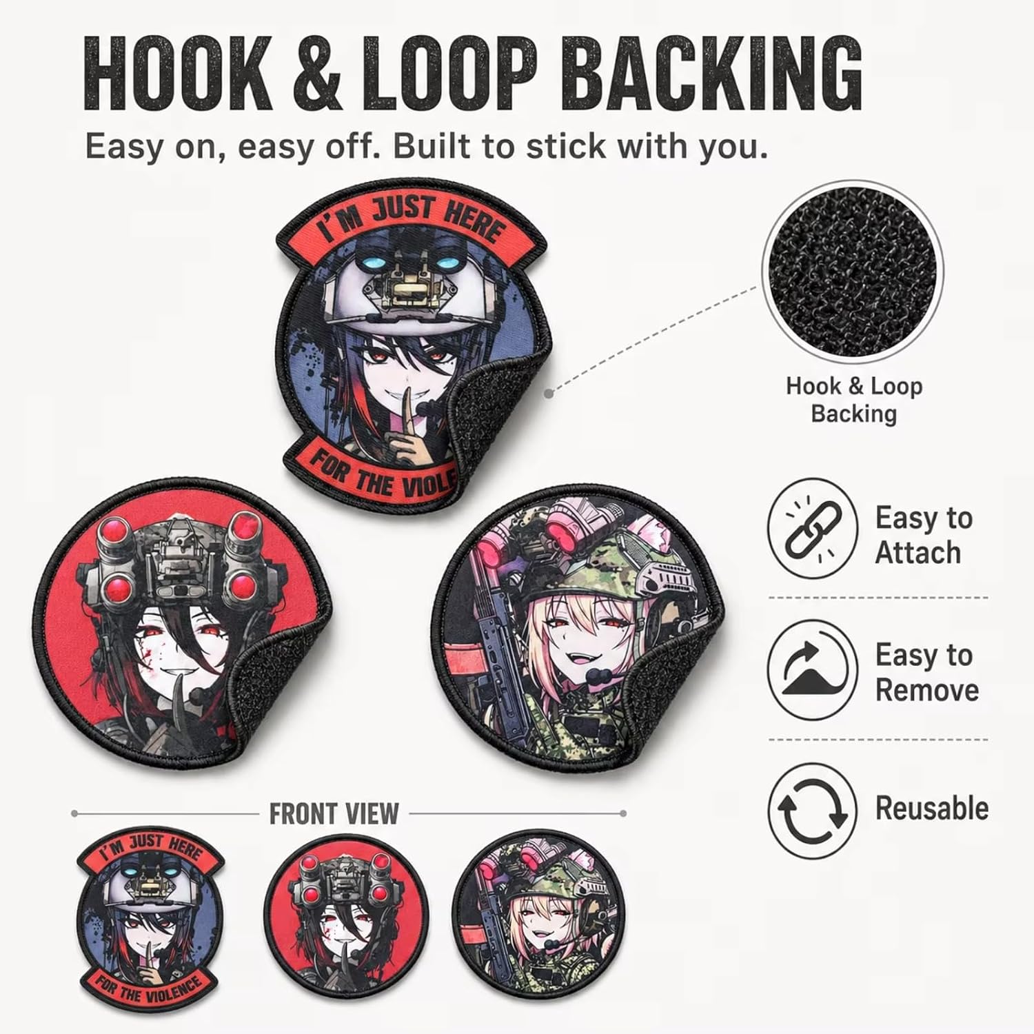 3Pcs Edgy Tactical Anime Girl Patch Hook‑Loop Morale Badges for Gears image 3