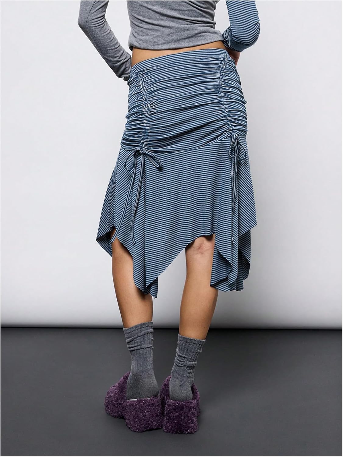 MakeMeChic Women's Y2K Summer Striped Ruched Skirt Drawstring Low Rise A Line Midi Skirts - Image 3