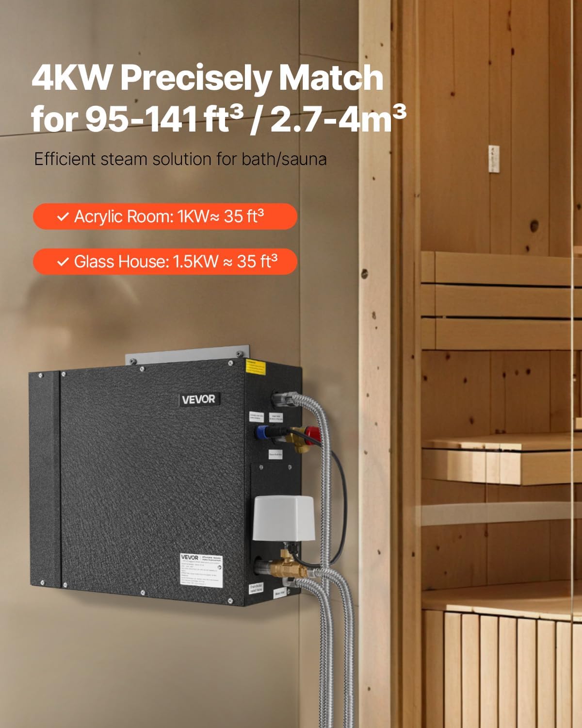 VEVOR Steam Generator, 4 kW Steam Shower System with Controller for Home Sauna & Spa, Commercial Auto Drain Kit with Overheat, Dry-Run & Overpressure Protection, 10min to 24h Timer, Black