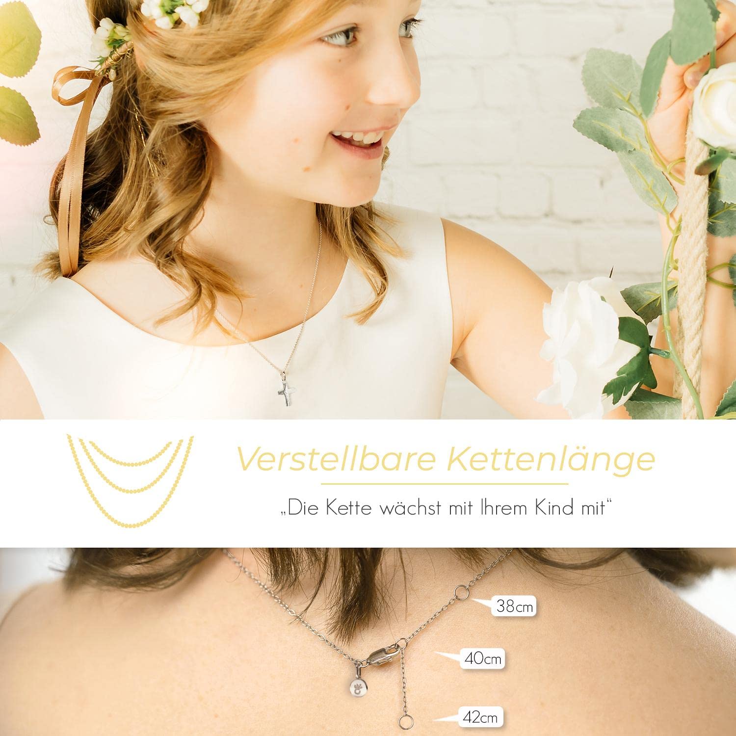 Kreuz Kette Mädchen Kommunion Silber 925 | Geschenke zur Taufe Erstkommunion Konfirmation Firmung Taufgeschenk | Kreuzkette Kinder Halskette Anhänger Taufkette Schmuck Geschenk mit Gravur