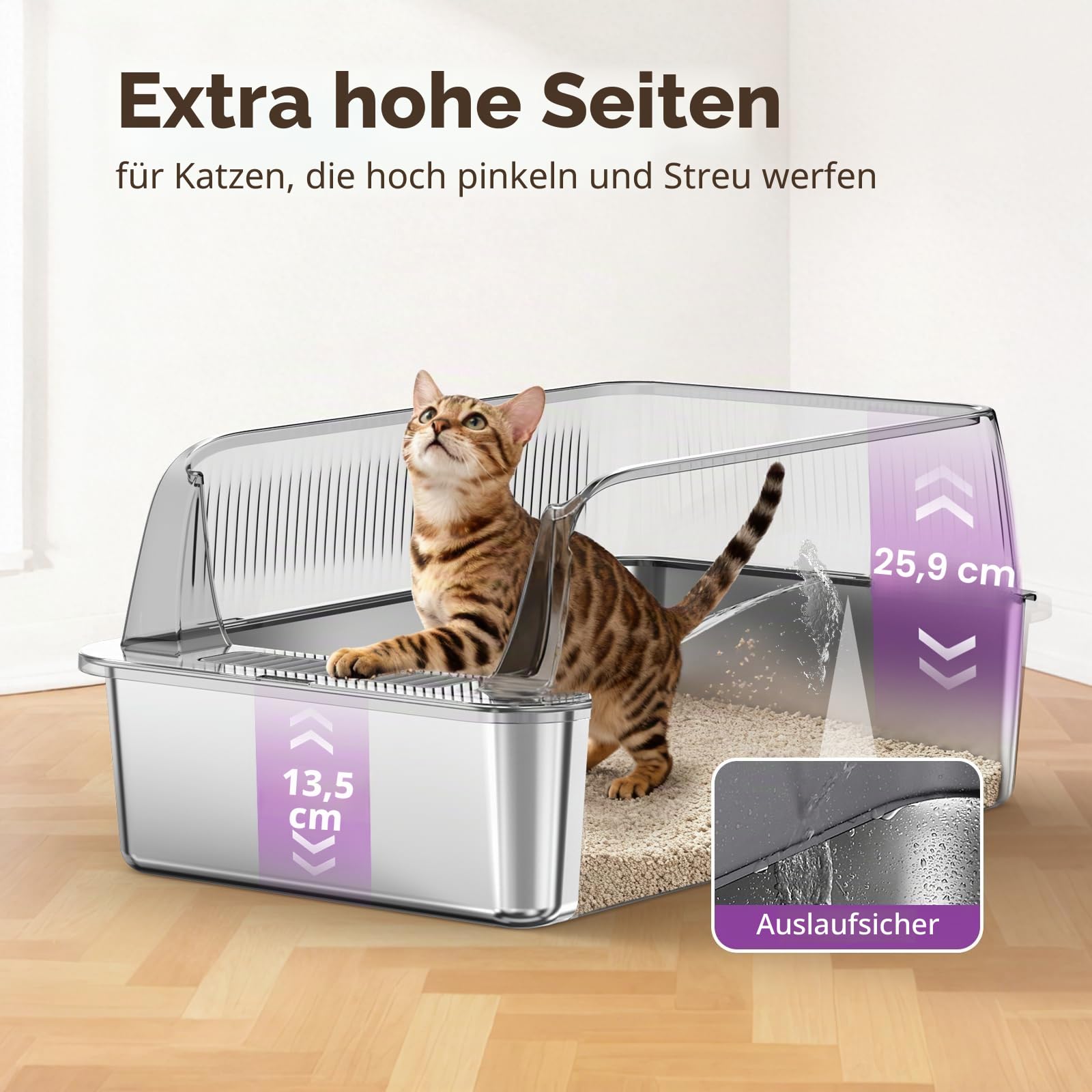 Edelstahl Katzentoilette Offen Hochseitig, Dunkelgrau, 1 Stück