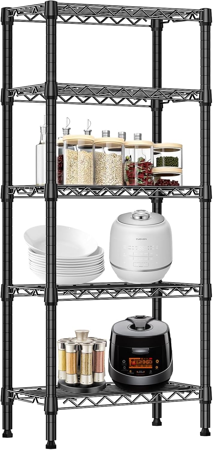 Heavy Duty Stainless Steel Kitchen Storage Rack, Adjustable Shelf Organizer with Non-Slip Mats, Black, for Cabinets, Countertops, Pantries (3-Tier Rack)