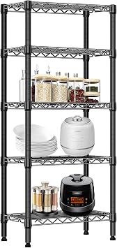 Heavy Duty Stainless Steel Kitchen Storage Rack, Adjustable Shelf Organizer with Non-Slip Mats, Black, for Cabinets, Countertops, Pantries 5-Tier Rack