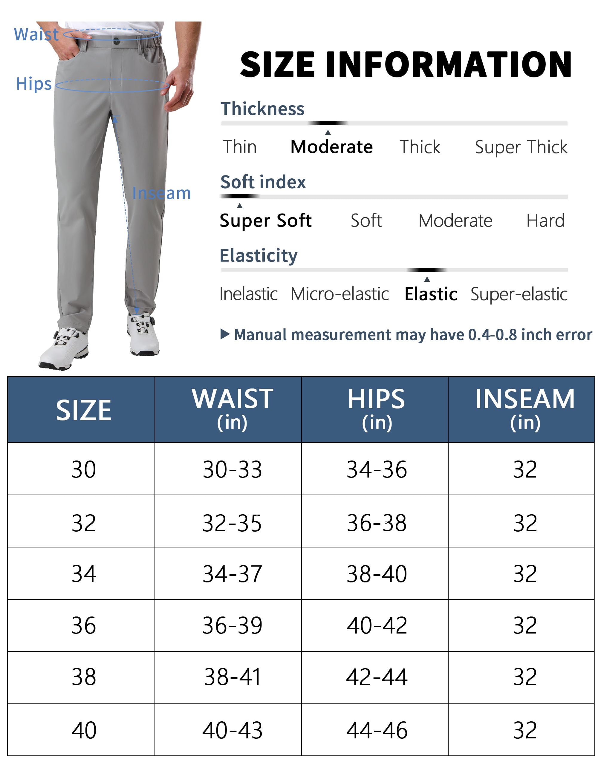 Pantalon de golf pour homme – 76,2 cm/81,3 cm – Pantalon habillé infroissable 5 poches extensible décontracté pour le travail et les voyages