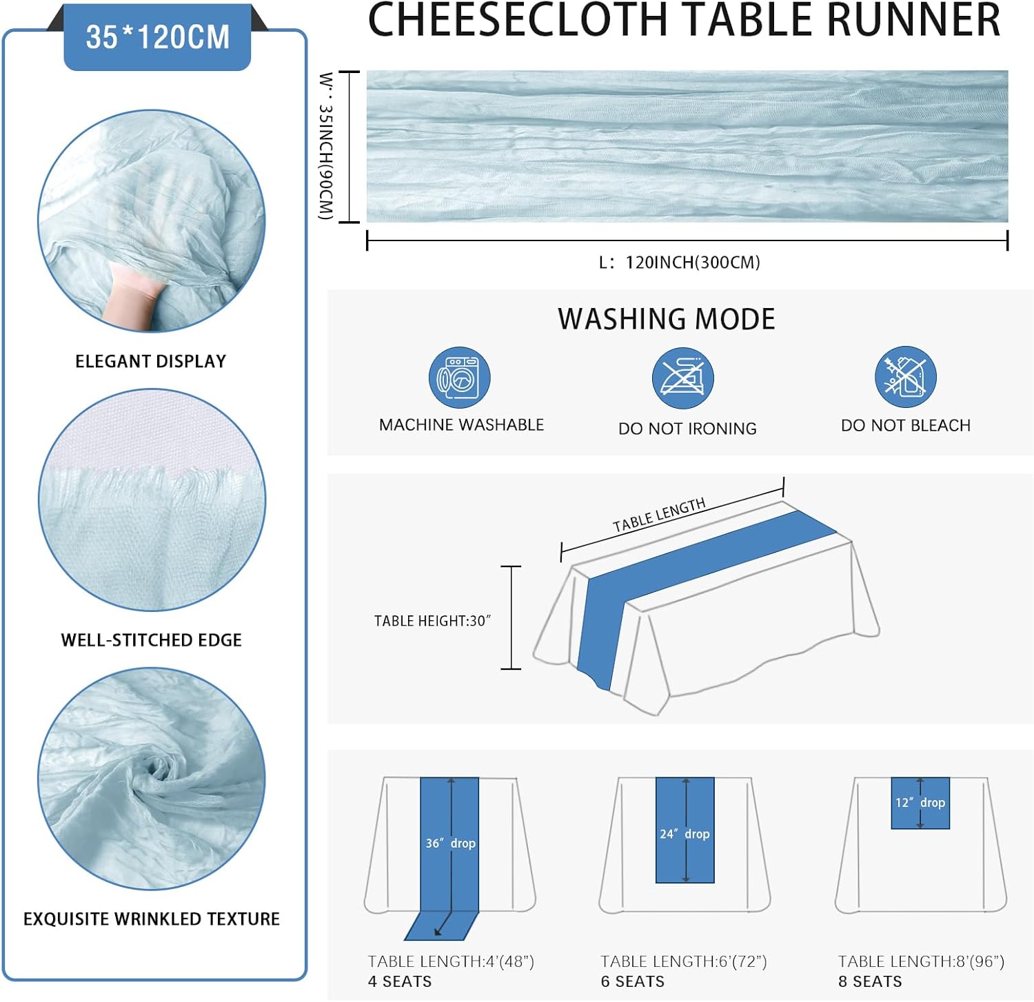 6 Pack Baby Blue Cheesecloth Table Runner 35 x 120 inch Boho Rustic Gauze Table Runner 10 FT Long, Semi Sheer Cheese Cloth Runner for Wedding Party Banquet Baby Shower Birthday Decoration